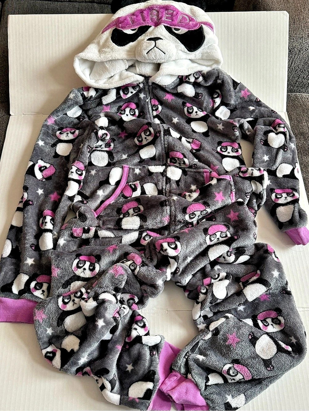 Panda Hooded Pajama Set in Gray & Pink Like New